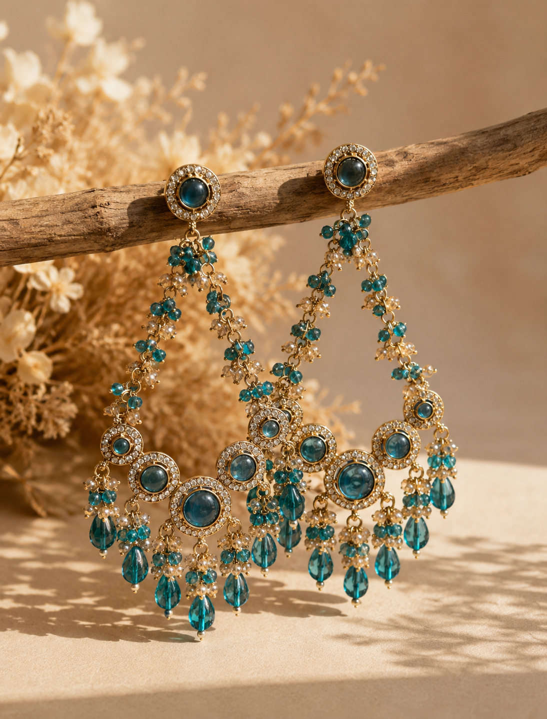 Noori Teal Green Kundan Beaded Chandbali Earrings for Women