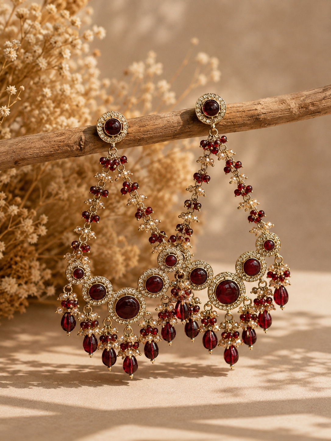 Noori Red Kundan Beaded Chandbali Earrings for Women