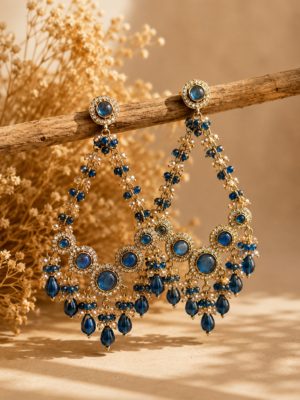 Noori Dark Blue Kundan Beaded Chandbali Earrings for Women