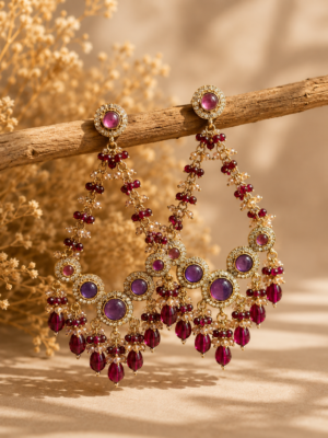 Noori Purple Kundan Beaded Chandbali Earrings for Women