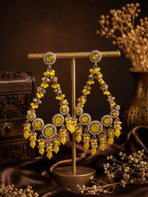 Noori Yellow Kundan Beaded Chandbali Earrings for Women