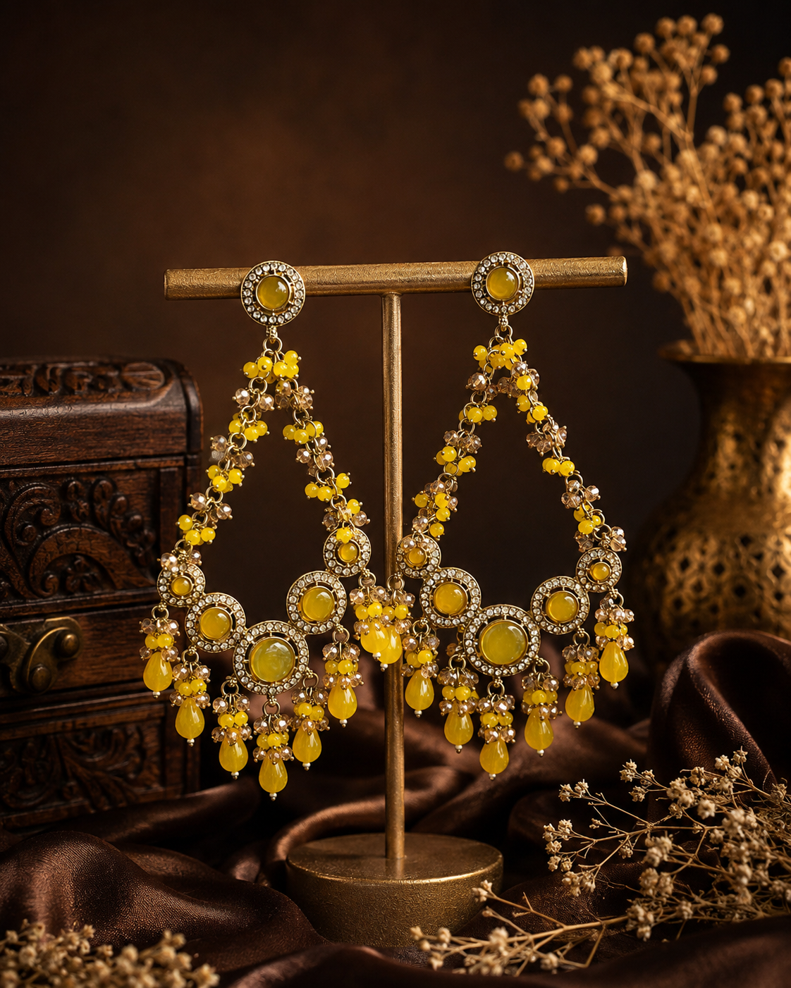 Noori Yellow Kundan Beaded Chandbali Earrings for Women