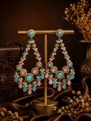 Noori Pink Blue Kundan Chandbali Earrings for Women