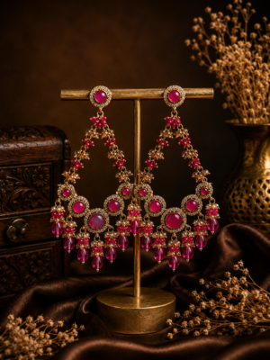 Noori Dark Pink Kundan Beaded Chandbali Earrings for Women