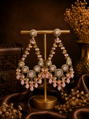 Noori Light Pink Kundan Beaded Chandbali Earrings for Women