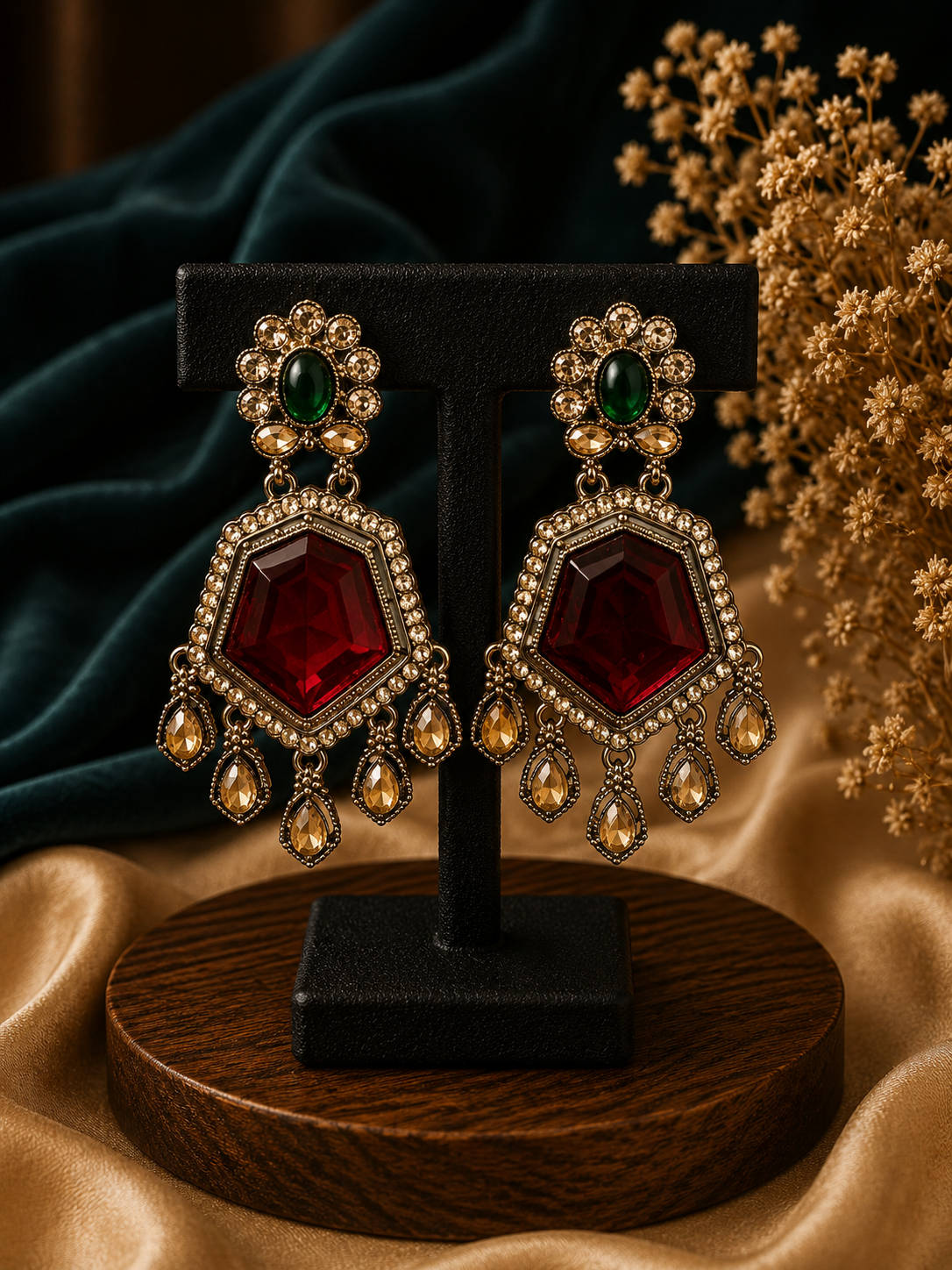 Neetu Red Green Kundan Earrings for Women