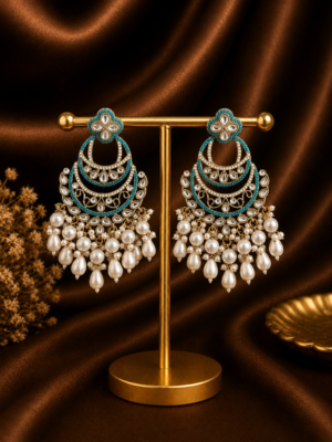 Heena blue Kundan pearl chandbali earrings with layered design