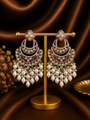 Heena wine Kundan pearl chandbali earrings with layered crescent design and pearl drops.