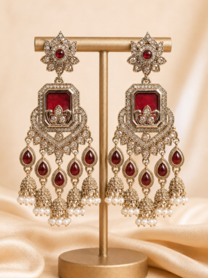 Ruhani Red Long Kundan Jhumka Earrings for Women