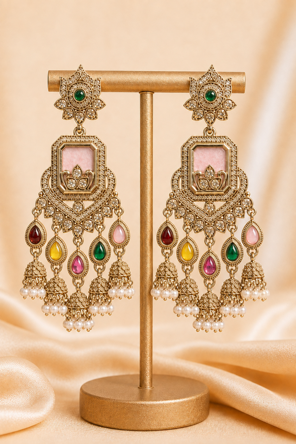 Ruhani Pastel Multi Long Kundan Jhumka Earrings for Women