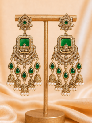 Ruhani Dark Green Long Kundan Jhumka Earrings for Women