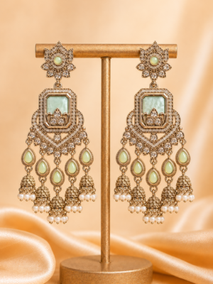 Ruhani Mint Green Long Kundan Jhumka Earrings for Women