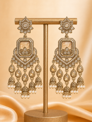 Ruhani Golden Long Kundan Jhumka Earrings for Women