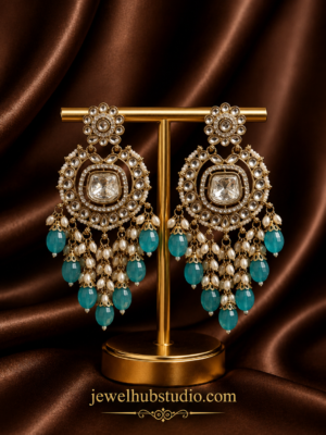Noor-e-Meher Kundan Chandbali Earrings – Teal Blue Statement Earrings