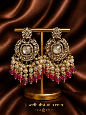 Noor-e-Meher Kundan Chandbali Earrings – Dark Pink Statement Earrings