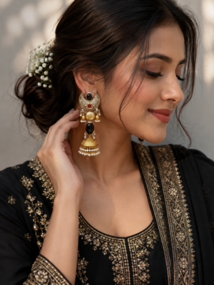 Ameesha Oversized Brass Jhumka Earrings – Black