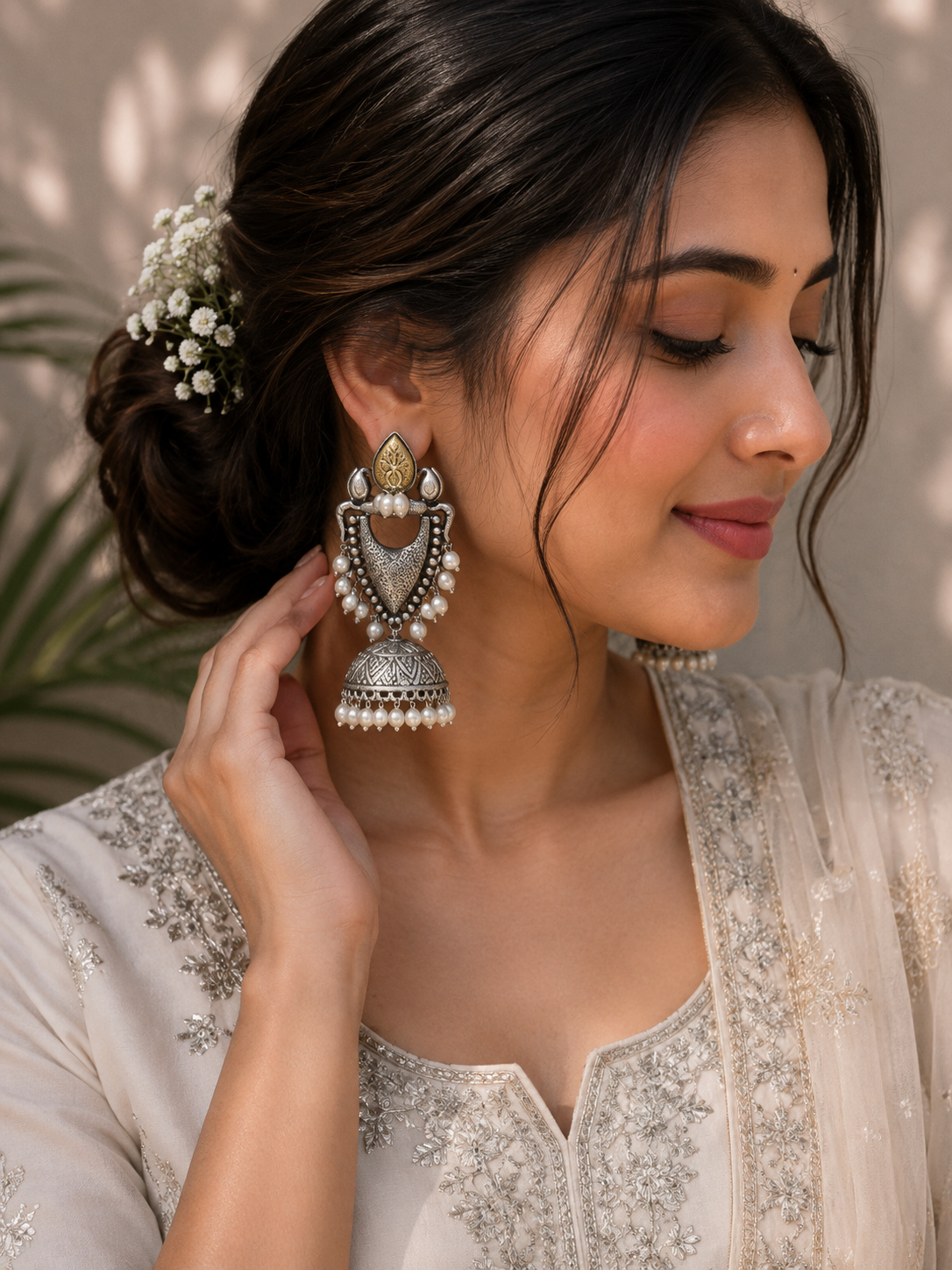 Veer Brass Jhumka Earrings with Pearl Drops