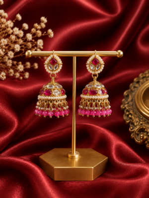 Monica Dark Pink Kundan Jhumka Earrings with Crystal Drops