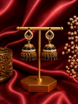 Monica Black Kundan Jhumka Earrings with Crystal Drops