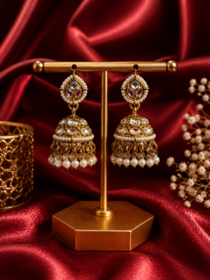 Monica White Kundan Jhumka Earrings with Crystal Drops