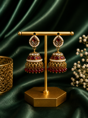 Monica Red Kundan Jhumka Earrings with Crystal Drops