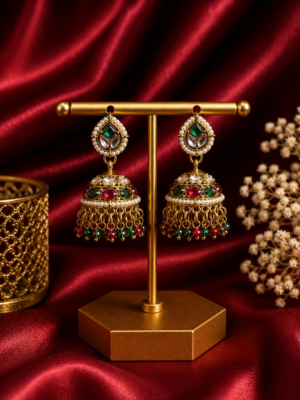 Monica Red Green Kundan Jhumka Earrings with Crystal Drops