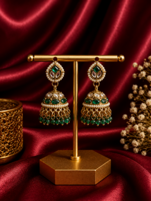 Monica Dark Green Kundan Jhumka Earrings with Crystal Drops