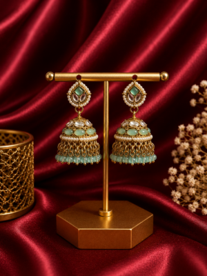 Monica Light Blue Kundan Jhumka Earrings with Crystal Drops
