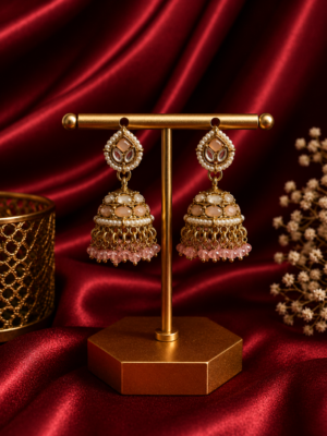 Monica Light Pink Kundan Jhumka Earrings with Crystal Drops