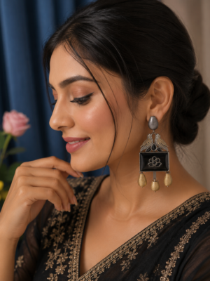 Anamika Bird Brass Statement Earrings – Black