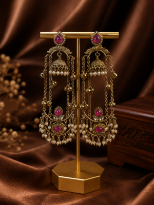 Jassi Kashmiri Long Ghungroo Earrings with Pearl Drops - Dark Pink