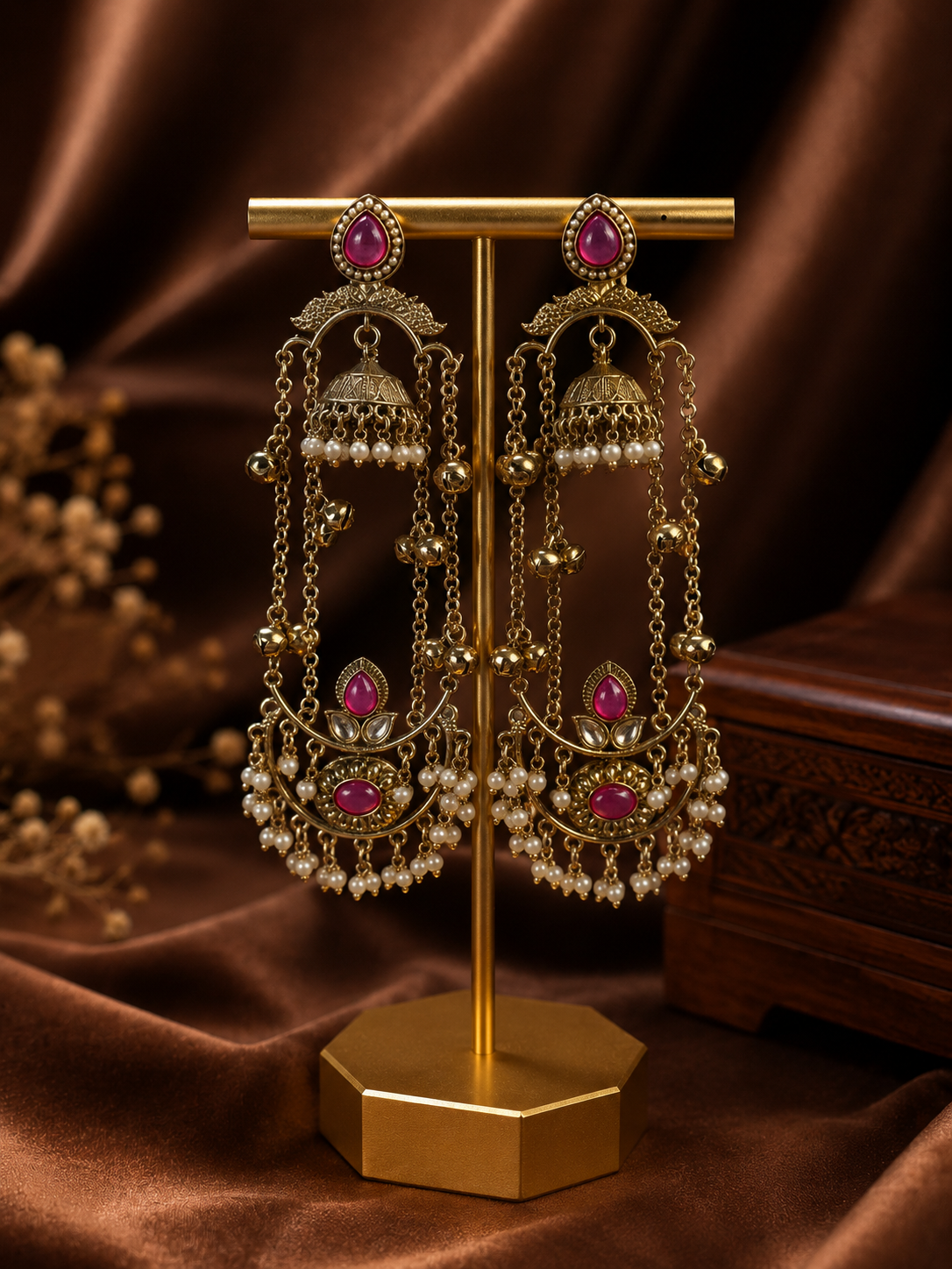 Jassi Kashmiri Long Ghungroo Earrings with Pearl Drops - Dark Pink