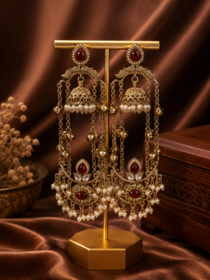 Jassi Kashmiri Long Ghungroo Earrings with Pearl Drops - Red