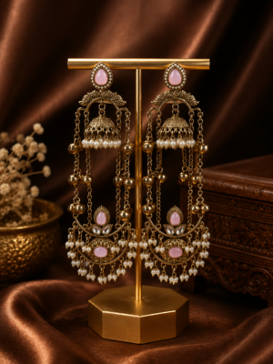 Jassi Kashmiri Long Ghungroo Earrings with Pearl Drops - Light Pink