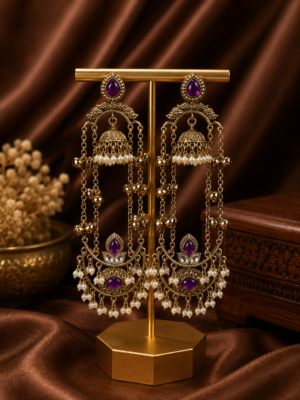 Jassi Kashmiri Long Ghungroo Earrings with Pearl Drops - Purple