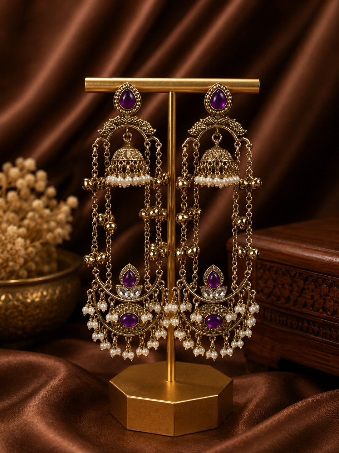 Jassi Kashmiri Long Ghungroo Earrings with Pearl Drops - Purple