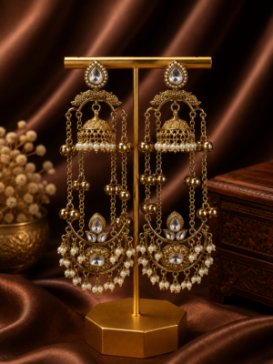 Jassi Kashmiri Long Ghungroo Earrings with Pearl Drops - White