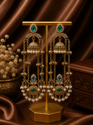Jassi Kashmiri Long Ghungroo Earrings with Pearl Drops - Teal Green