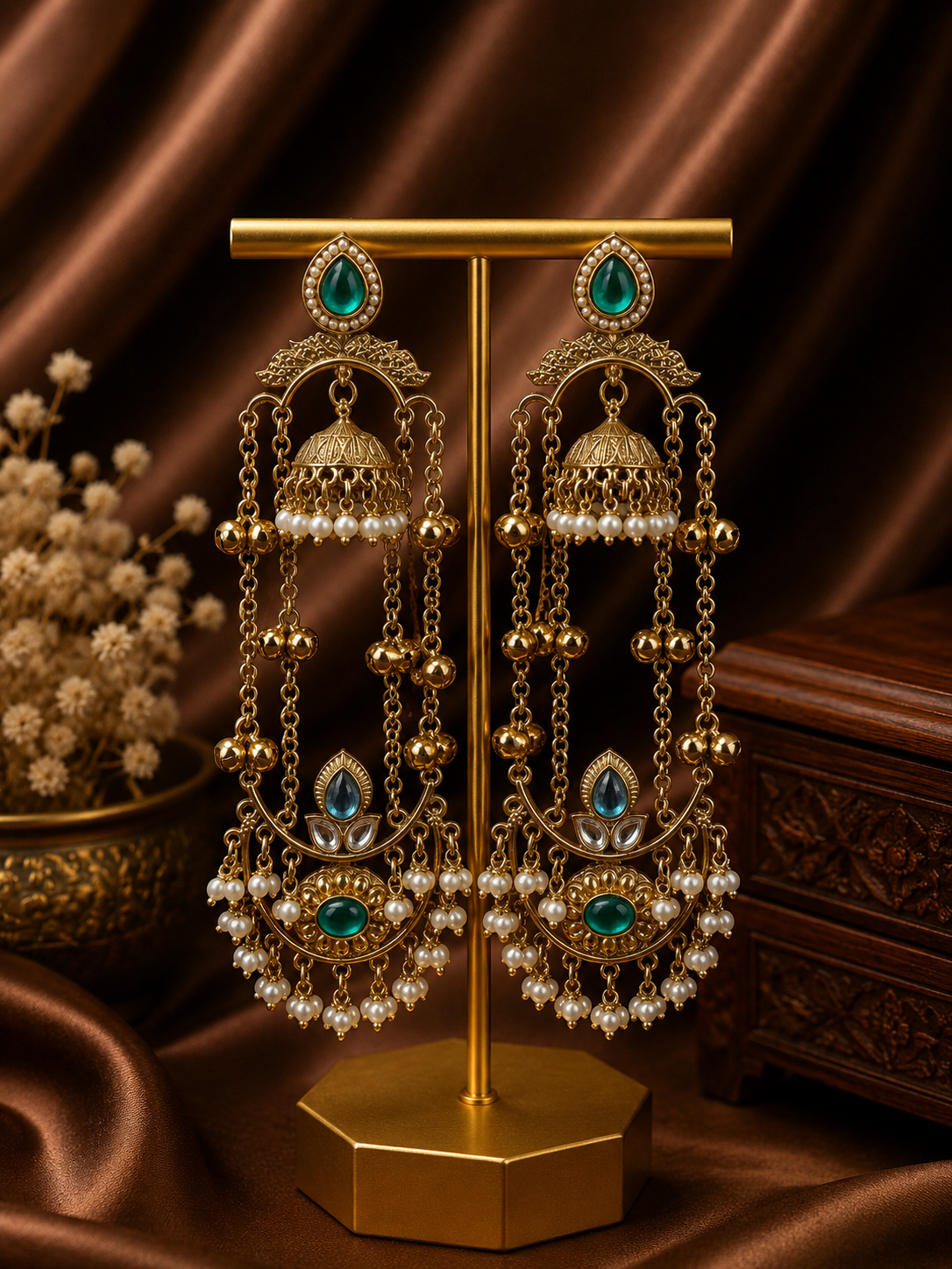 Jassi Kashmiri Long Ghungroo Earrings with Pearl Drops - Teal Green
