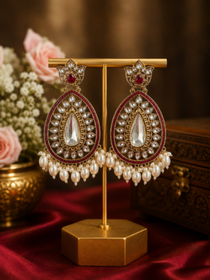 Varsha Kundan Pearl Earrings – Traditional Ethnic Statement Earrings Dark Pink