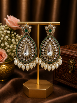 Varsha Kundan Pearl Earrings – Traditional Ethnic Statement Earrings Dark Green