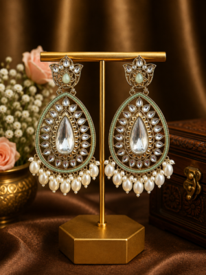 Varsha Kundan Pearl Earrings – Traditional Ethnic Statement Earrings Light Green