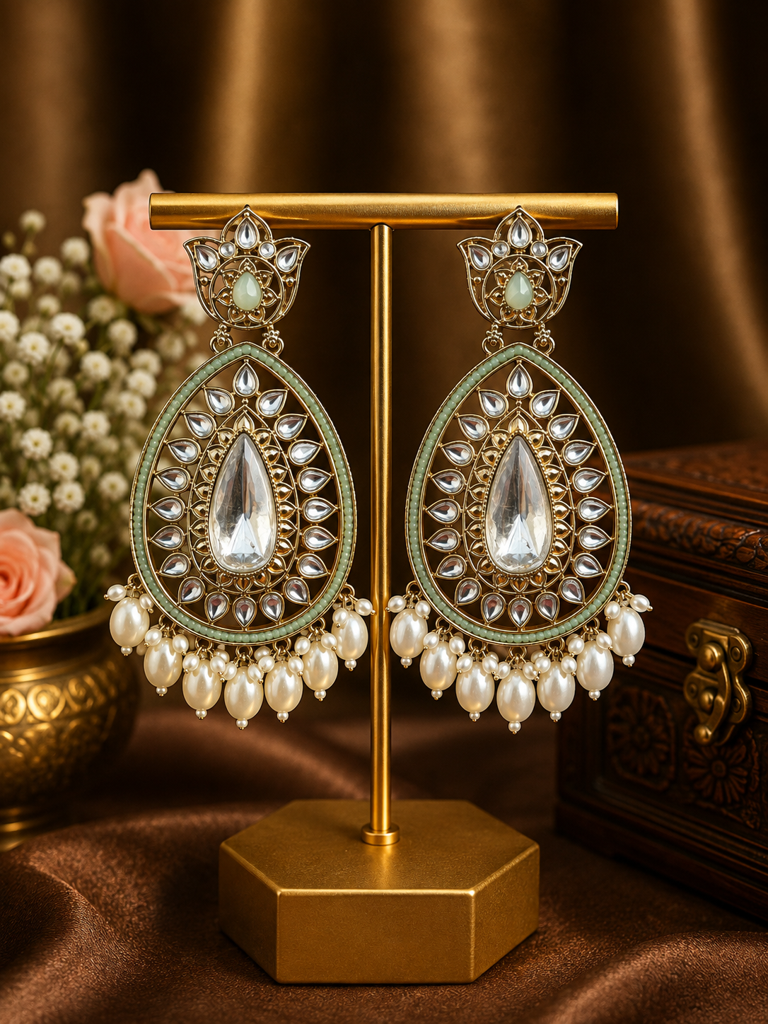 Varsha Kundan Pearl Earrings – Traditional Ethnic Statement Earrings Light Green