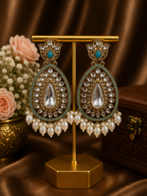 Varsha Kundan Pearl Earrings – Traditional Ethnic Statement Earrings Light Blue