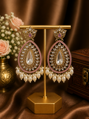 Varsha Kundan Pearl Earrings – Traditional Ethnic Statement Earrings Lavender