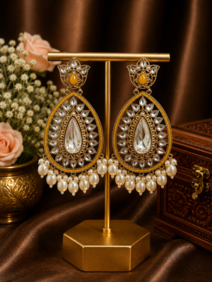 Varsha Kundan Pearl Earrings – Traditional Ethnic Statement Earrings Yellow