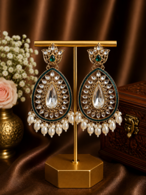 Varsha Kundan Pearl Earrings – Traditional Ethnic Statement Earrings Teal Green