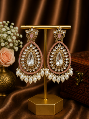 Varsha Kundan Pearl Earrings – Traditional Ethnic Statement Earrings Light Pink