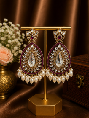 Varsha Kundan Pearl Earrings – Traditional Ethnic Statement Earrings Purple