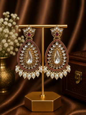 Varsha Kundan Pearl Earrings – Traditional Ethnic Statement Earrings Wine